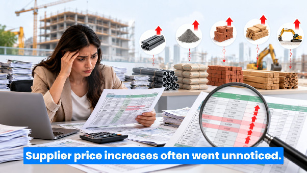Construction materials procurement team identifying supplier price increases through manual spreadsheet comparisons