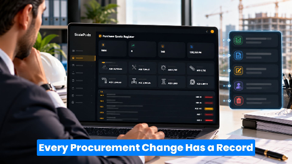 Procurement workflow dashboard illustrating purchase quote records and tracked data changes